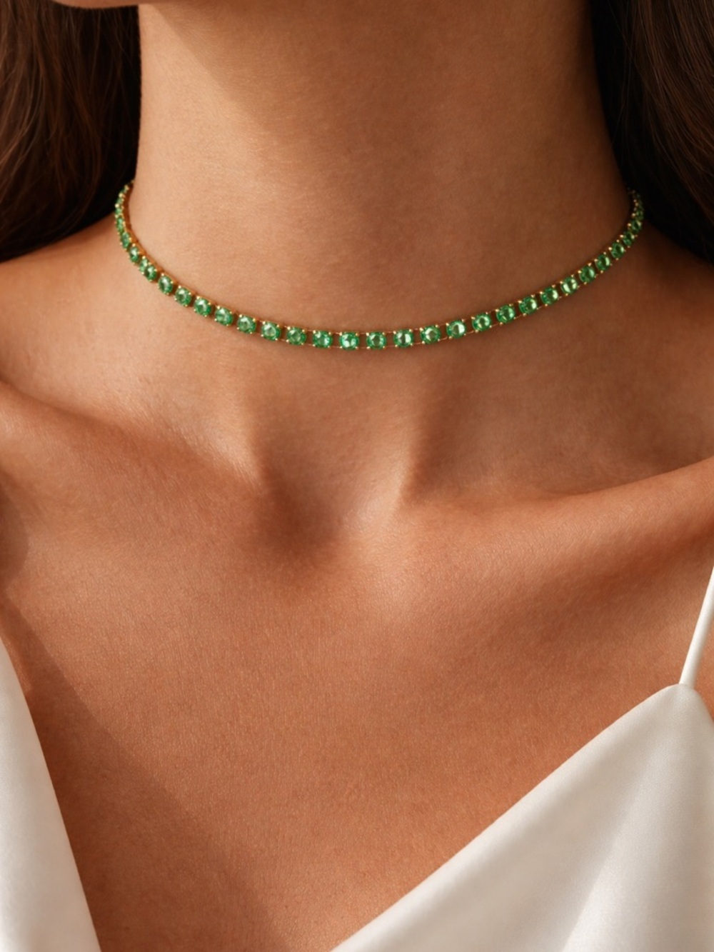 Vintage Gold Green Rhinestone Collar Necklace Chocker